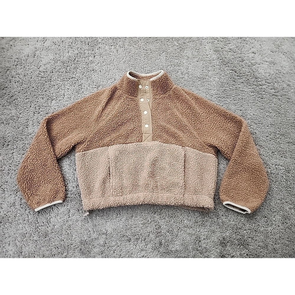 Old Navy Sherpa Fleece Pullover Womens XS Brown Colorblock Oversized Cropped